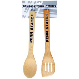 bamboo kitchen utensils, spoon and slotted spatula with Penn State on handles